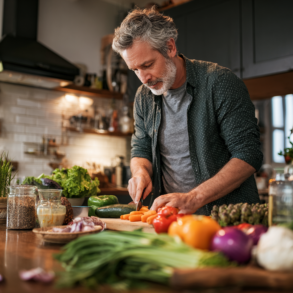 Middle-aged adult preparing fresh healthy meal in modern kitchen