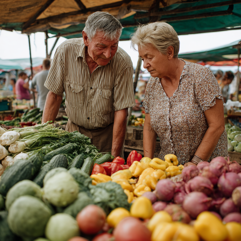 Older adults selecting fresh vegetables at local farmers market